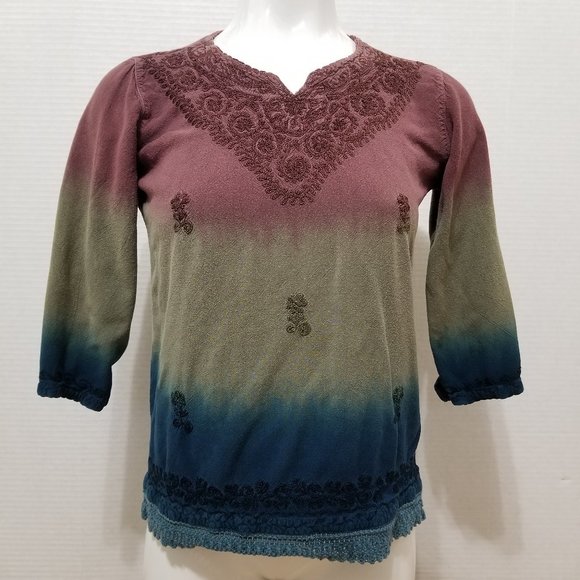 Geeta top Free Size dip dye ombre embroidered boho hippie crochet trim vintage? - Picture 1 of 15
